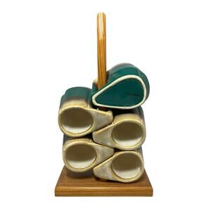 Rodolfo Padilla Drip Glaze Coffee 5 Mug Set & Stand Vintage Green Blue Rare